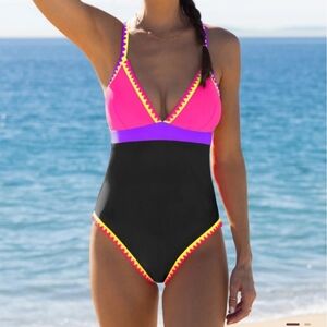 Chic Pink and Black Women's One-Piece Swimsuit
